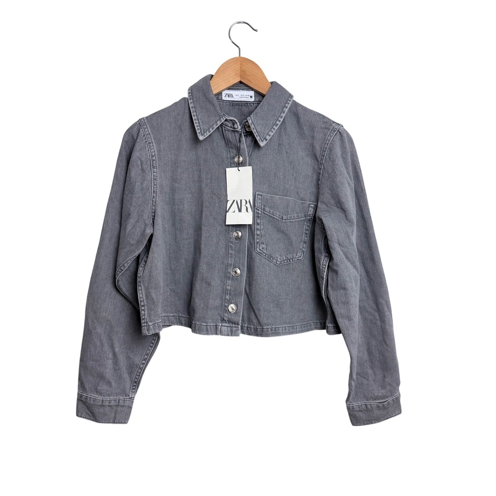 NEW Zara Womens Grey Cropped Denim Shirt Jacket Button Up Size S Lightweight